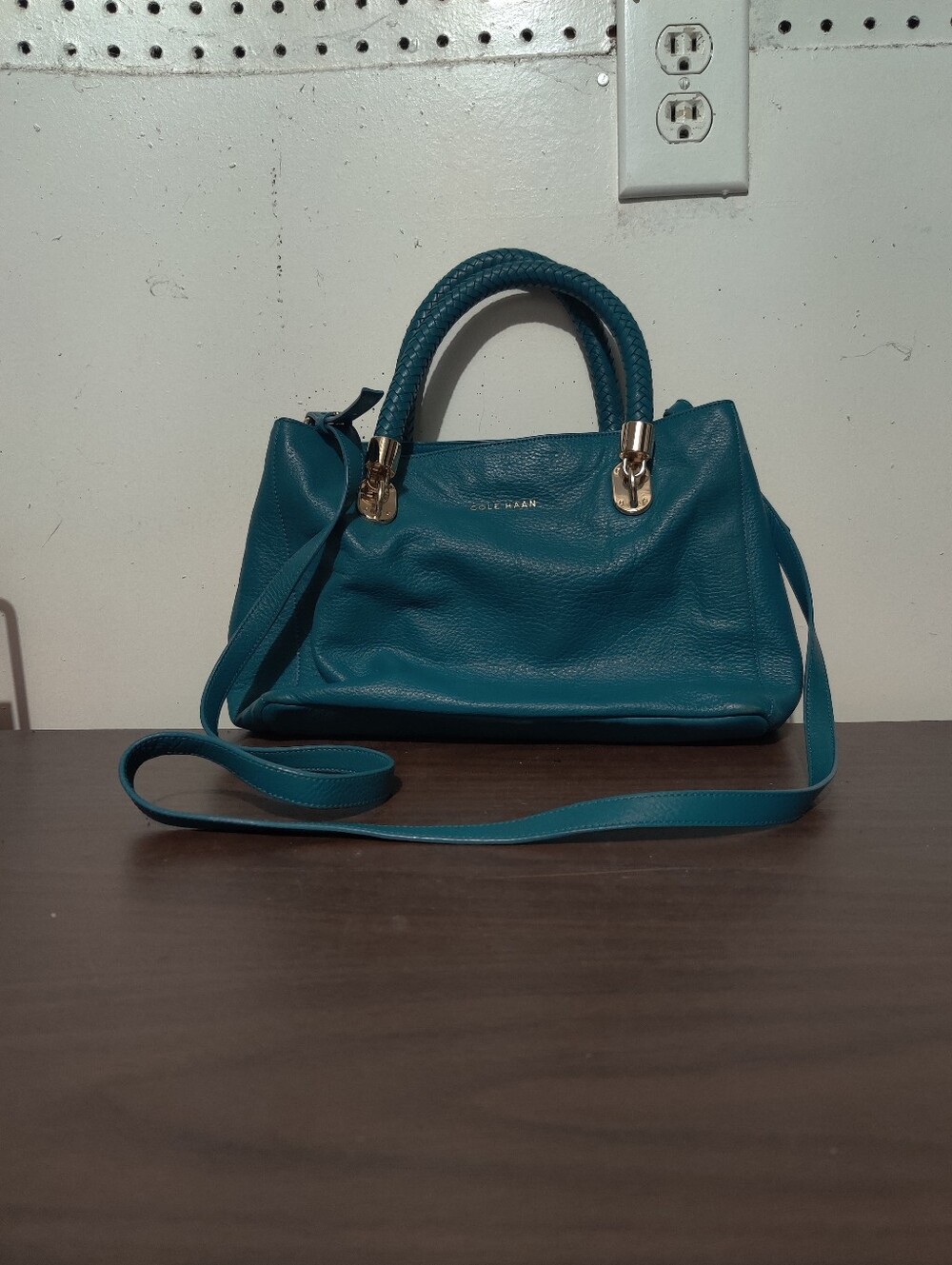 Cole Haan Benson Teal Pebbled Leather Satchel Tote Crossbody Bag Purse